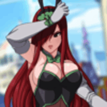 a girl with long red hair is wearing a black and green bunny outfit .