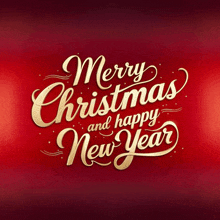 merry christmas and happy new year is written in gold letters on a red background