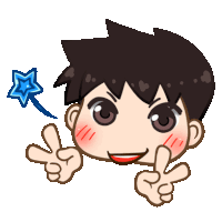 a cartoon of a boy giving the peace sign with a blue star behind him