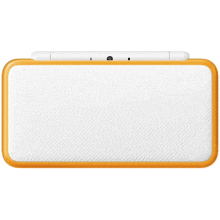 a white and orange nintendo 3ds with a pen