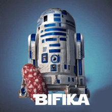 a star wars r2d2 robot with a sausage in its hand