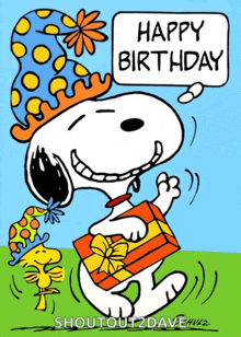 a cartoon of snoopy wearing a birthday hat and holding a gift box