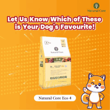 a bag of natural core eco 4 dog food on a yellow background