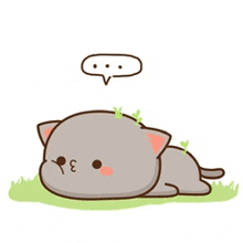 a cartoon cat is laying in the grass with a speech bubble above its head .