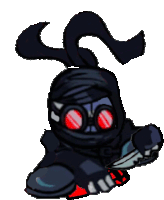 a cartoon character with red eyes and a knife in his hand .