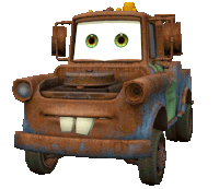 a rusted tow truck with green eyes and a white face