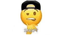 a yellow smiley face wearing a black baseball cap is asking someone to snap .