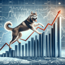 a husky dog is standing on its hind legs on a bar graph