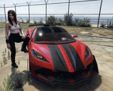 a woman kneeling next to a red sports car in a video game