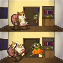 a cartoon of a dog in a rocking chair and a frog in a pumpkin