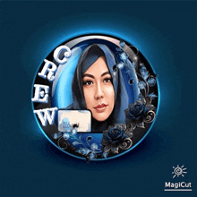 a picture of a woman in a blue circle with the letters crew on it