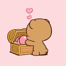 a cartoon of a teddy bear putting a heart into a chest