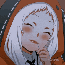 a girl with white hair and an orange hood is smiling and holding something in her mouth