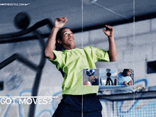 an advertisement for nike freestyle shows a boy in a green shirt throwing a soccer ball