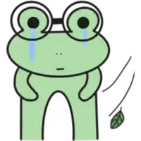 a green frog wearing glasses is crying and holding a leaf