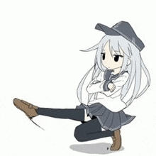 a cartoon of a girl kneeling down with her legs crossed and a hat on .