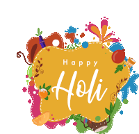 a yellow sign that says happy holi is surrounded by colorful decorations