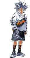 a drawing of a person wearing a white hoodie and black shorts