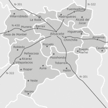 a black and white map of a spanish province shows the roads