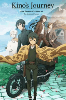 a group of anime characters standing next to a motorcycle on a brick road .