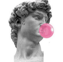 a statue of a man blowing a pink bubble of gum