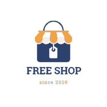 a logo for a free shop since 2020 with a blue shopping bag