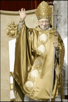 a man in a gold robe is holding a cross and waving with pixiz written on the bottom