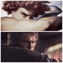 a painting of a man with curly hair and a painting of a man with a sword .