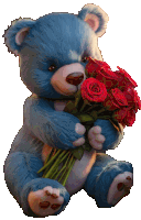 a blue teddy bear holding a bunch of red roses