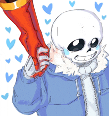 a drawing of a skeleton in a blue jacket holding a red object