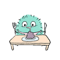 a cartoon character is sitting at a table with a plate of food and holding a fork and knife .