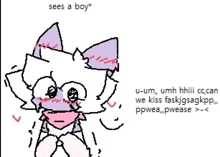 a pixel art drawing of a cat with the words sees a boy