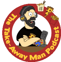 a logo for the take away man podcast shows a man with headphones on