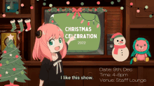 a poster for a christmas celebration shows a girl pointing at a tv