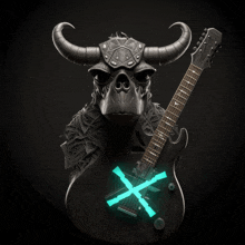 a statue of a bull is holding a guitar with a cross on it