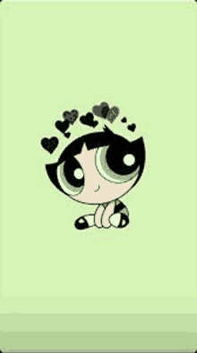 buttercup from the powerpuff girls with hearts on her head on a green background .