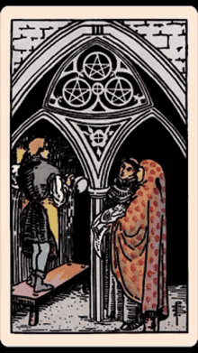 a tarot card shows a man and a woman standing in a room .