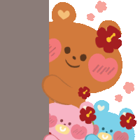 a brown teddy bear with red flowers on its face is peeking behind a wall