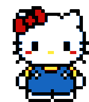 a pixel art drawing of hello kitty wearing a blue dress and a red bow on her head .