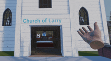 a hand is reaching out towards a church of larry