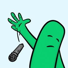 a green cartoon character is holding a microphone with the letter c on it