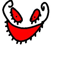 a cartoon drawing of a monster with a red mouth and red eyes