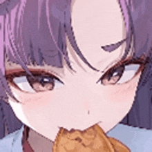 a girl with purple hair is eating a piece of chicken .