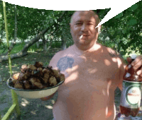 a shirtless man holding a bowl of food and a bottle of coca cola