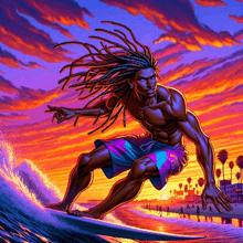 a man with dreadlocks rides a wave on a surfboard at sunset