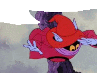 a cartoon character with a red hat and gloves is standing on a rock .