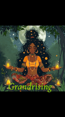 an illustration of a woman sitting in a lotus position with the word grandrising written below her