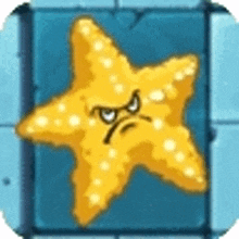 a cartoon starfish with an angry face is sitting on a blue tile .