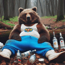 a bear wearing a tank top with a russian emblem sits on a log