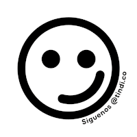 a black and white smiley face with the words siguenos @ tindi.co around it